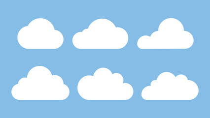 Illustration of six white clouds on a blue background. Each cloud has a unique shape. Simple cloud design. Blue sky with clouds. Minimalist cloud art. Weather illustration, vector set.
