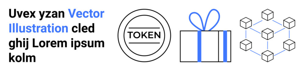 Token icon, wrapped gift, and blockchain network on clear background. Ideal for cryptocurrency, blockchain, tech tutorials, digital transactions, data security, fintech modern technology concepts