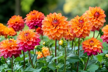 Vibrant Orange and Pink Dahlias Bloom in Garden