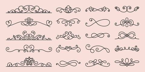 Elegant decorative flourishes and ornate dividers in various styles. Flourishes add a classic touch. Use flourishes for invitations and design. Ornate flourishes enhance elegance. Hand drawn ornament 