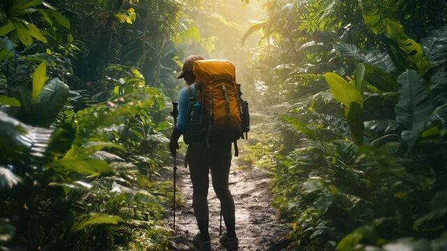 Adventurous hiker trekking through lush jungle path in sunlit morning atmosphere