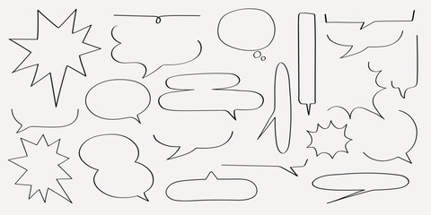 A collection of hand-drawn speech bubbles in various shapes and sizes. Speech bubbles for comics, cartoons, and creative designs. Outline style speech bubbles. Message illustration vector.