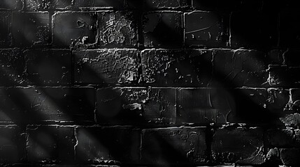 a black brick wall, featuring rough textures, natural imperfections, and deep shadows between