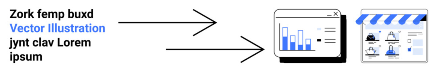 Arrows point from text towards a chart and then to a webpage design, highlighting data transformation and website development process. Ideal for IT, data analysis, design, digital transformation