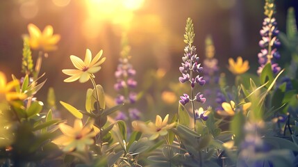 Obraz premium A hyper-realistic close-up of a field of bright yellow flowers interspersed with soft purple blossoms, illuminated by warm sunlight. The bokeh background features gentle green tones, enhancing the vib