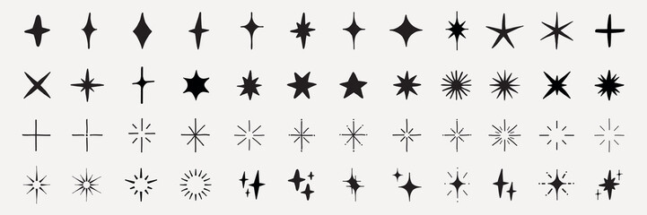 A collection of star shapes, featuring various star designs, star symbols, and star patterns. These star icons are diverse in style and form, showcasing star variations. Element vector set.