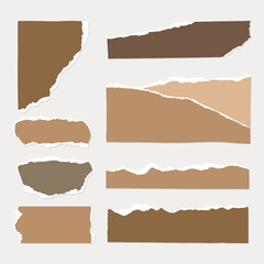 Fototapeta premium Collection of torn paper shapes in various shades of brown. Torn paper edges, brown tones, and diverse shapes like hearts and stars. Torn paper texture. Brown element vector set.