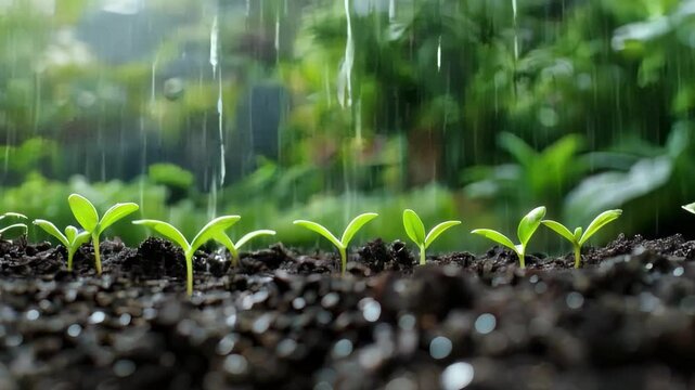 Fresh green shoots grow out of the ground in the pouring rain