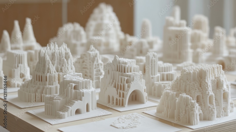 Poster Plastic injection molds with intricate patterns displayed on a workbench.