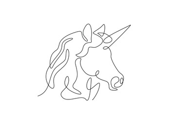Unicorn head in continuous one line drawing. Abstract unicorn head in single line art illustration. Editable vector.