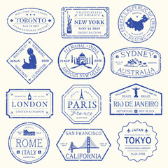 Collection of vintage travel stamps from cities like New York, Paris, Tokyo, and Sydney. Travel stamps for passports. Vintage design for travel enthusiasts. Blue travel stamps, vector set. © Rawpixel.com