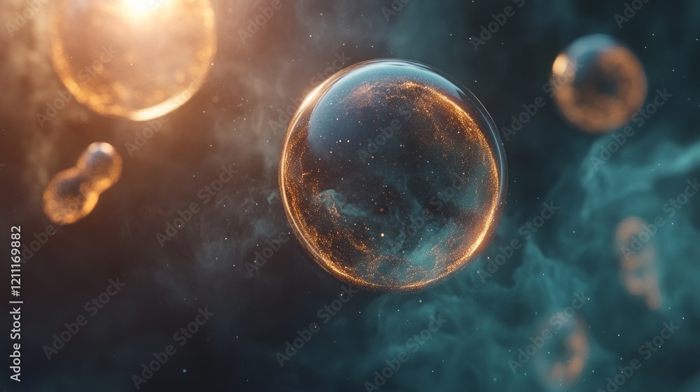 Poster floating bubbles with a luminous effect in a dreamy background.