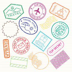 Colorful passport stamps from cities like Toronto, New York, Beijing, San Francisco, and more. Travel-themed stamps showcase global destinations and iconic landmarks. Colorful travel stamps, vectors.