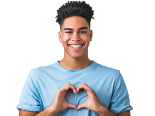 Cheerful young man in a blue shirt making a heart gesture with hands