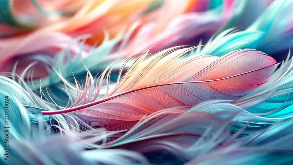 Poster vibrant feather falling onto multicolored soft textures in slow motion