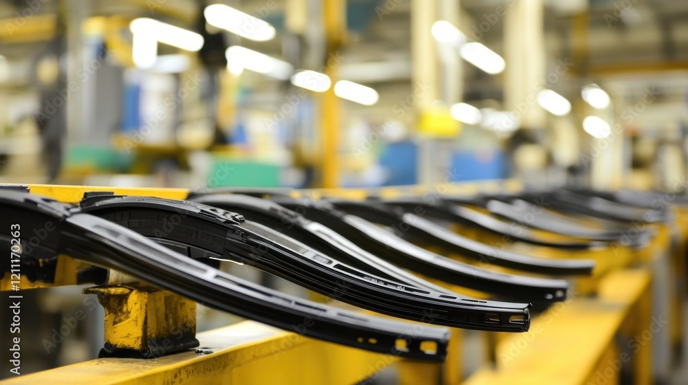 Poster rows of windshield wipers neatly arranged in a factory production area.