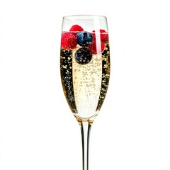 A sparkling champagne flute with berries, presented against an isolated white background, pop art...