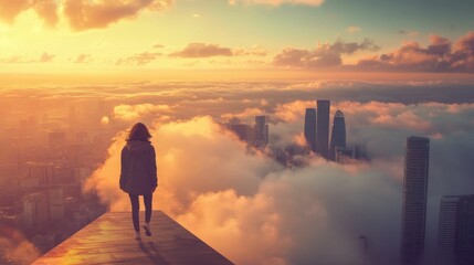Fototapeta premium Woman looking out at cityscape on a cliff edge above the clouds