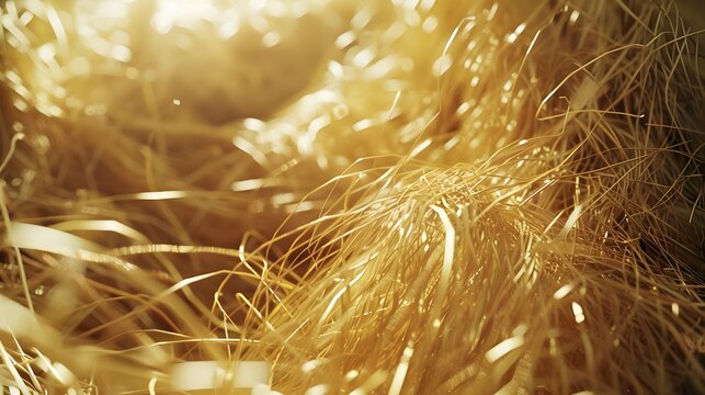 A hyper-realistic close-up of a pile of dry straw in golden hues, with individual strands of hay intricately detailed. - Powered by Adobe