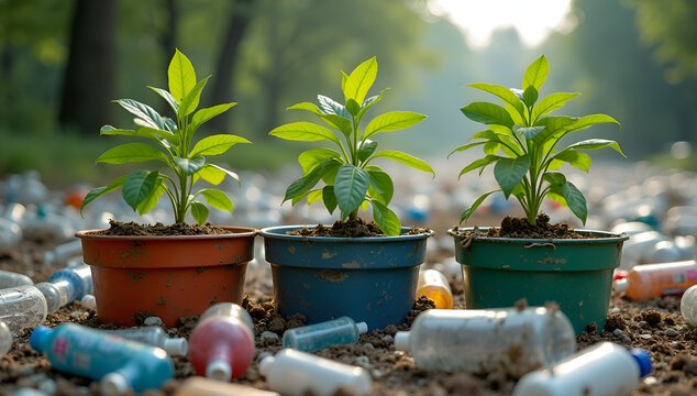 Plants growing in plastic pots amid discarded waste in polluted landscape