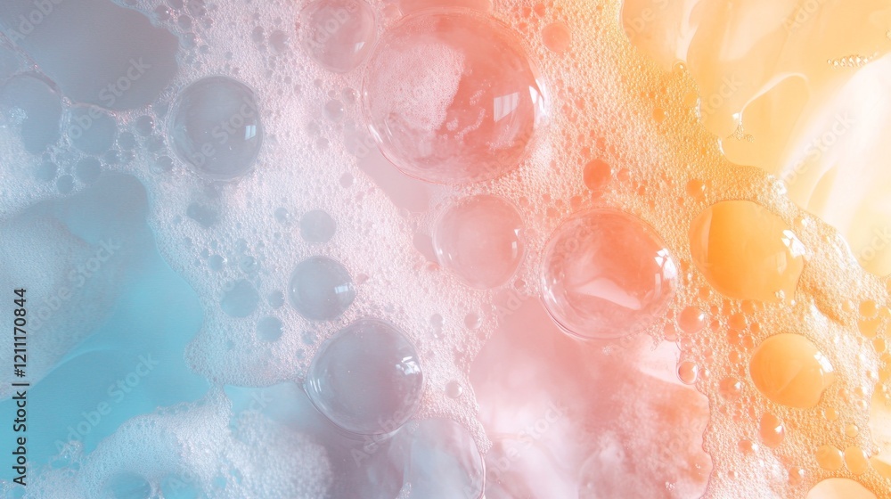 Poster colorful bubble patterns blending in soft hues of blue and orange.