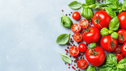 Fresh tomatoes, basil, peppercorns on blue background; food recipe website banner