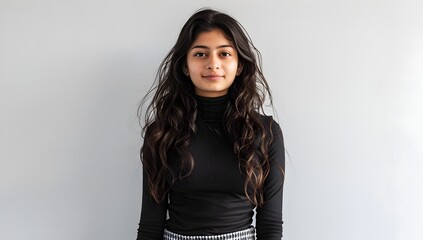 A full-body studio portrait of an attractive young Indian woman wearing