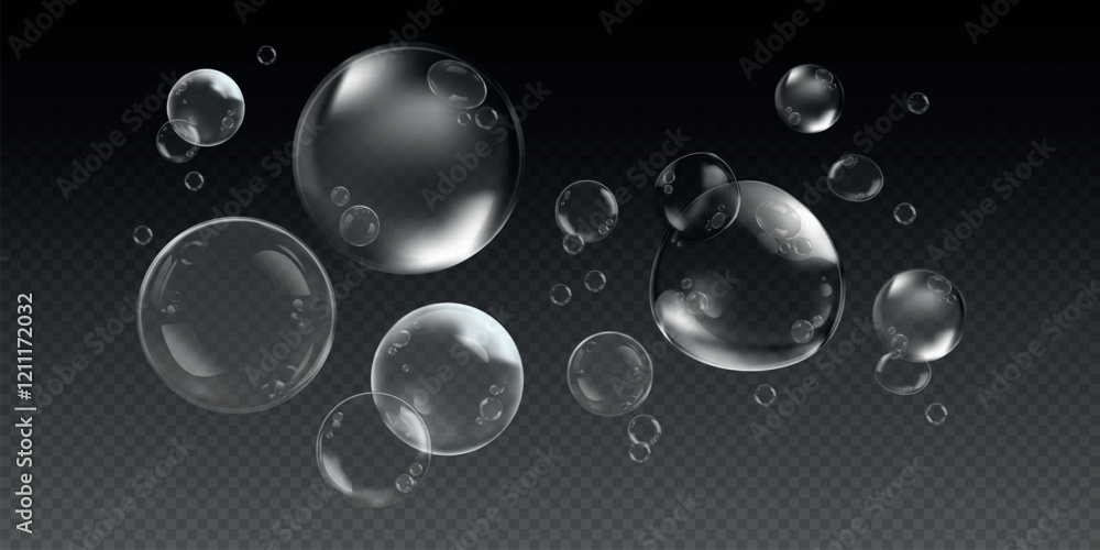 Poster transparent soap bubbles floating on a dark background. bubbles of various sizes, creating a light, 