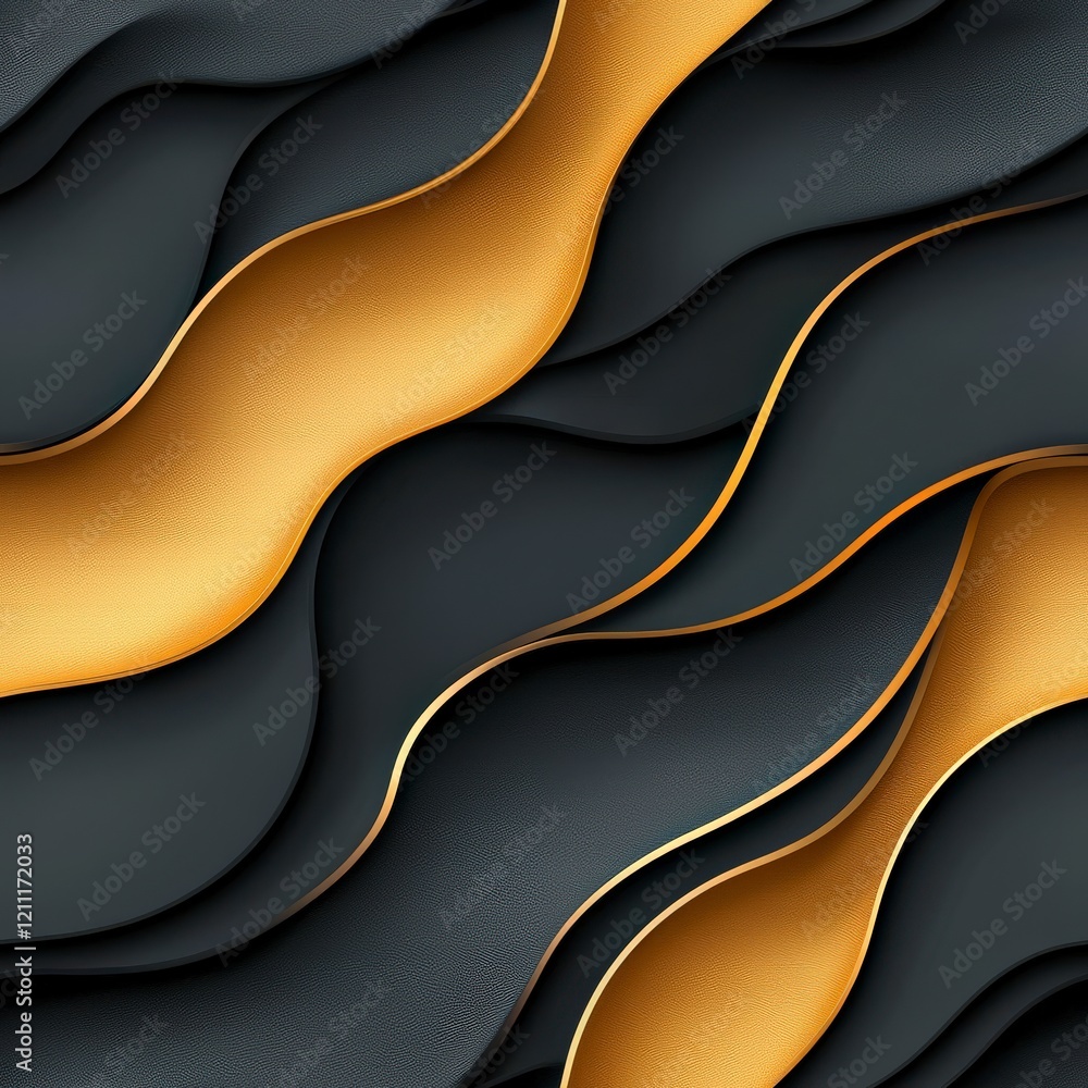 Poster abstract waves in black and gold layers, dynamic background with smooth curves for design projects