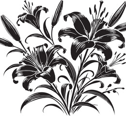 Black Color Lilies Silhouette Vector Illustration, Solid White Background. minimal vector design