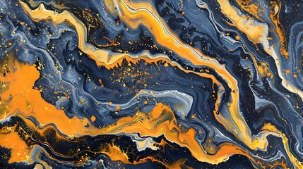 abstract composition of flowing liquid paint with bold swirls of deep blue, bright orange, and vibrant yellow.