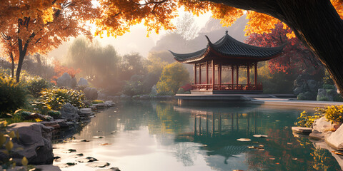 Obraz premium Chinese Garden Pavilion Reflected in Tranquil Water