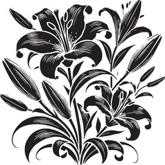 Black Color Lilies Silhouette Vector Illustration, Solid White Background. minimal vector design
