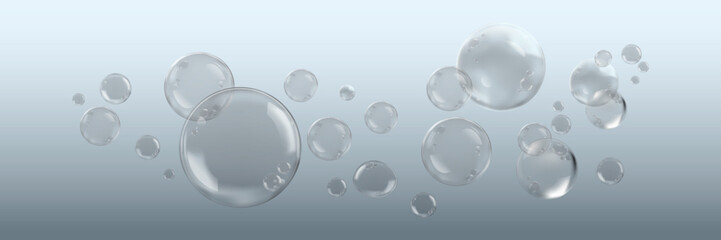 Transparent bubbles floating on a light background. Bubbles vary in size, creating a delicate, airy effect. Clear bubbles add a whimsical touch. Soap bubble element vector set.