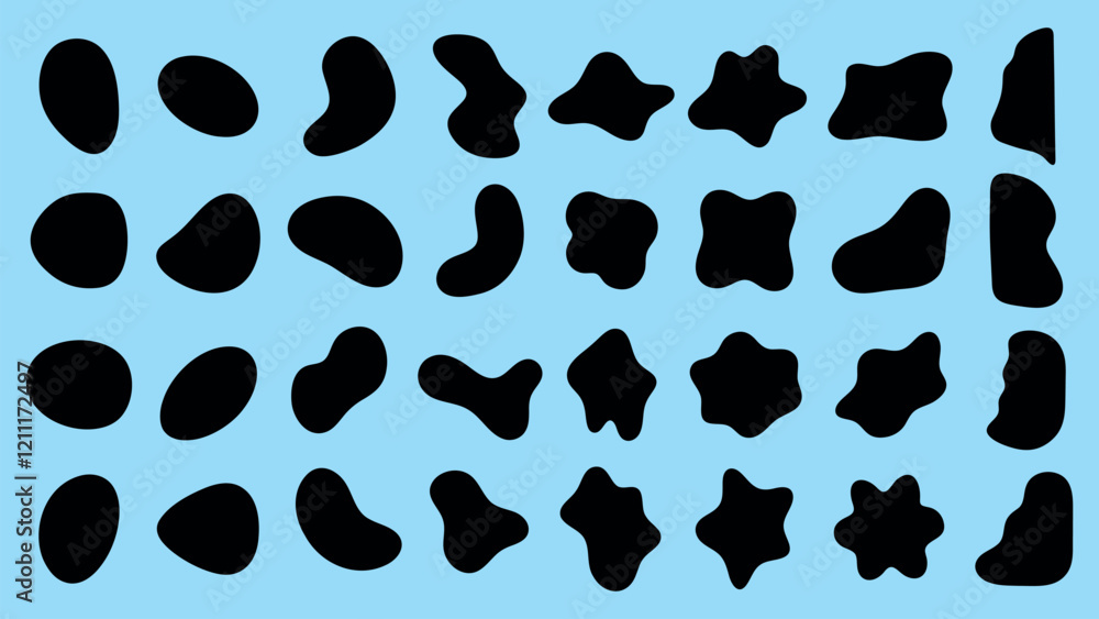 Poster abstract black shapes on a blue background. organic shapes vary in size and form. unique shapes crea