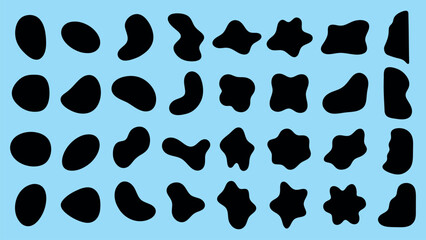 Abstract black shapes on a blue background. Organic shapes vary in size and form. Unique shapes create a dynamic pattern. Abstract shapes add visual interest. Black shape vector set.