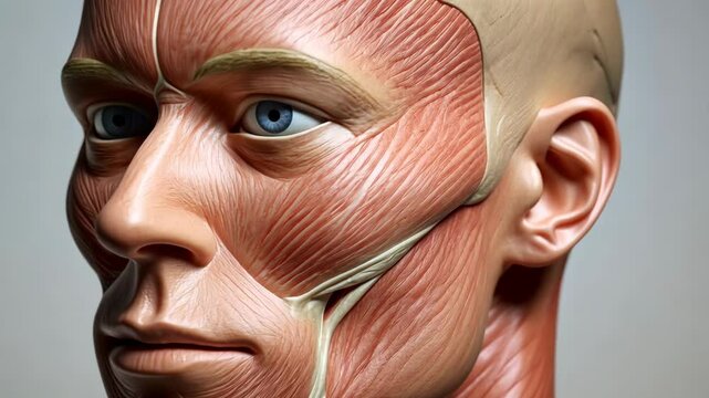Detailed anatomical model focusing on human facial muscles showcasing realistic features and textures in a studio setting