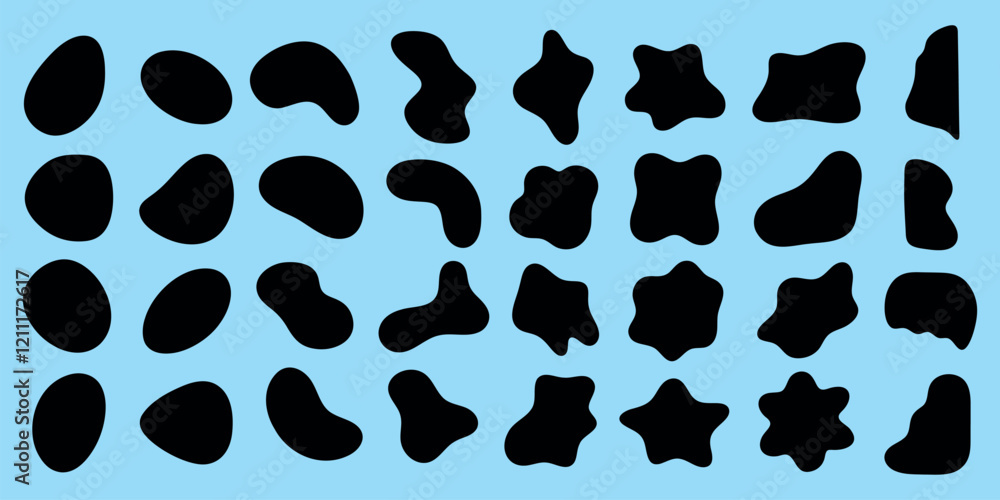 Poster abstract black shapes on a blue background. organic shapes vary in size and form. unique shapes crea