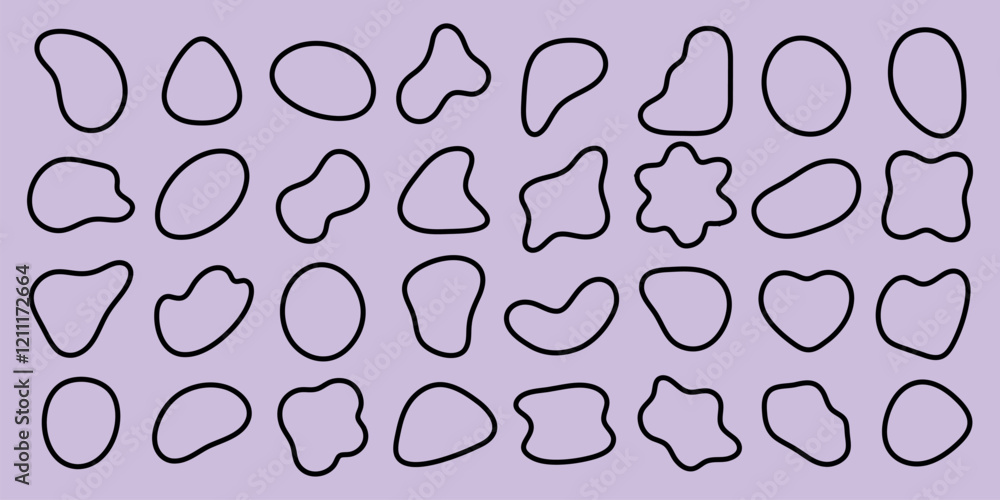 Poster abstract shapes pattern with black outlines on a purple background. various abstract shapes, outline