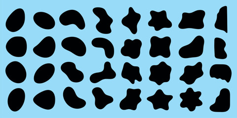 Abstract black shapes on a blue background. Organic shapes vary in size and form. Unique shapes create a dynamic pattern. Abstract shapes add visual interest. Black shape vector set.