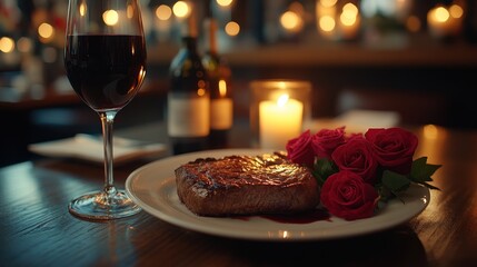 Romantic steak dinner, candlelight, restaurant, roses