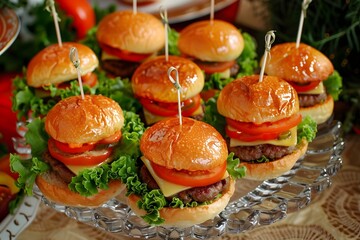 mini burgers on a glass plate, arranged in an elegant and visually appealing way.