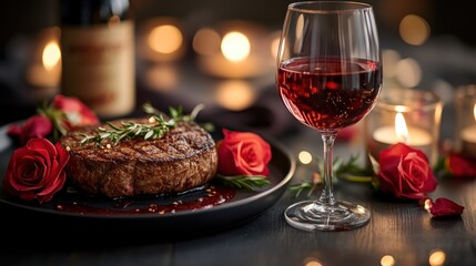 Romantic Steak Dinner Candlelit Table, Red Wine, Roses