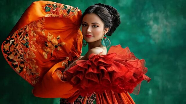 Elegant flamenco dancer twirling vibrant orange and red gown in graceful motion