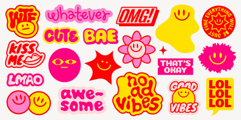 Colorful stickers with playful phrases like 'OMG!', 'Cute Bae', 'No Bad Vibes', and smiley faces Bright, fun, and expressive designs for positivity Funky stickers, vector set