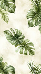 Watercolor wallpaper showcasing a lush, natural scene with green plants and copy space