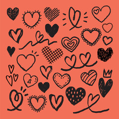 Playful hand-drawn hearts on an orange background. Doodle hearts in various styles. Fun, artistic hearts create a lively, romantic vibe. Heart-filled design. Cute hand drawn Valentine's Day vector set