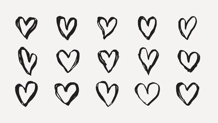 Set of 15 hand-drawn black hearts on a white background. Sketched hearts, simple heart designs, black heart patterns. Perfect for Valentine's Day or romantic themes. Hand drawn Valentine's Day vector.