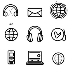A grid of thin-line communication icons in black, featuring a headset, phone, globe, email, and location marker, arranged neatly on a white background