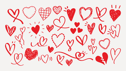 Collection of red hand-drawn hearts on grid paper. Various heart designs include stripes, dots, and zigzags. Playful, creative heart illustrations. Cute hand drawn Valentine's Day vector set.